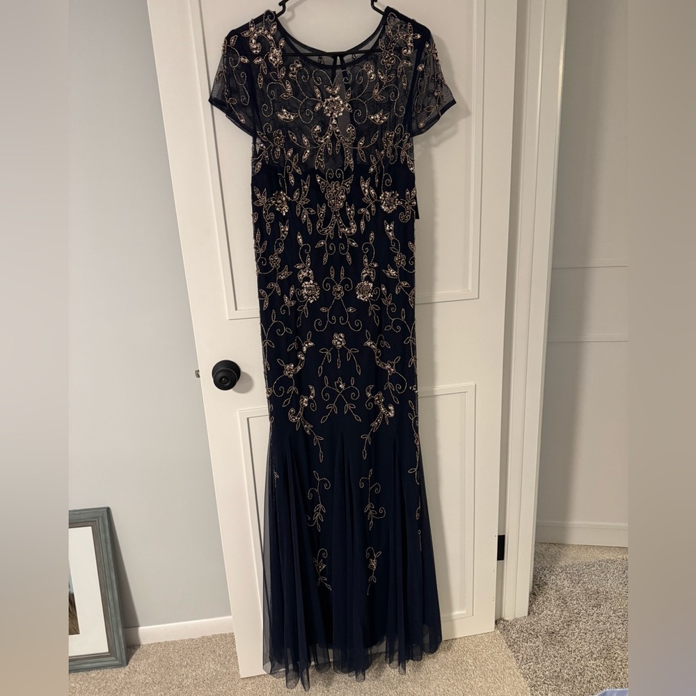 Adrianna Papell Navy Floral Beaded Gown - Picture 5 of 10